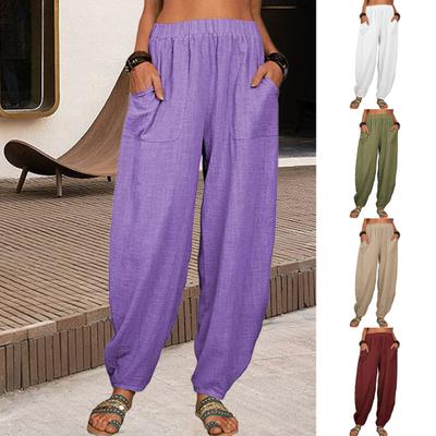 Women Casual Pants Elastic High Waist Solid Color Harem Pants with Pockets Loose Fit Breathable Long Pants Daily Wear