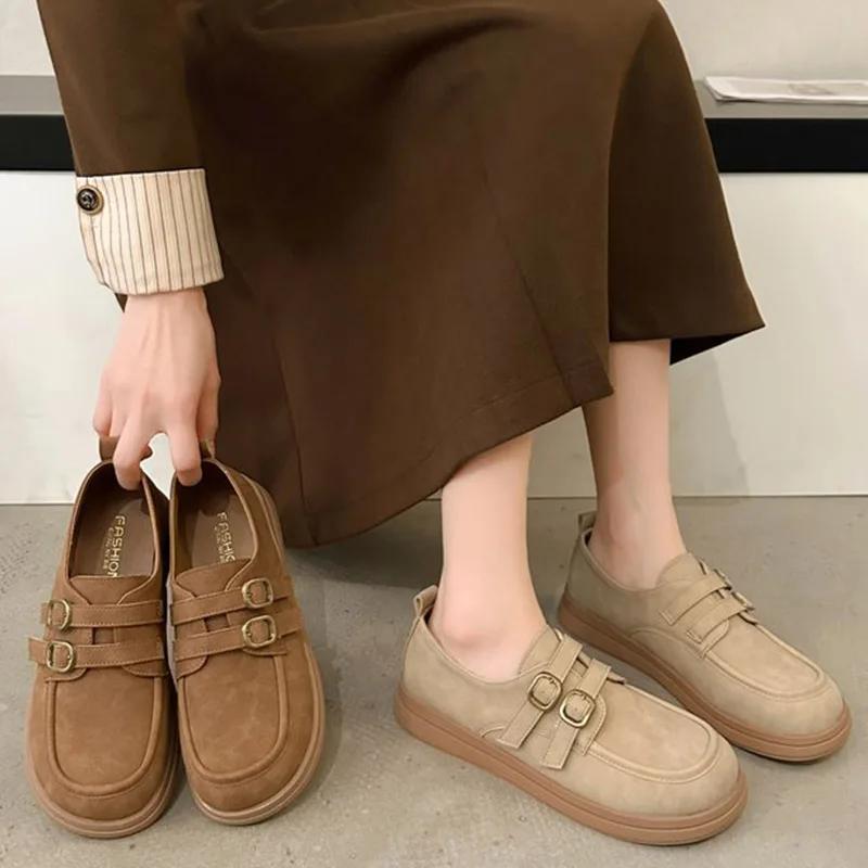 Womens Derby Shoes Autumn Slip-on Female Footwear Loafers With Fur Clogs Platform Leather Summer New Fall Retro Slip On Dress