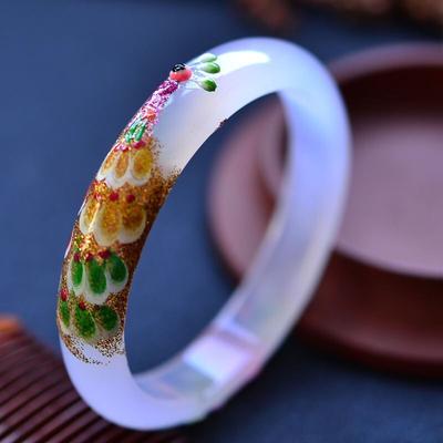 Dámský malovaný vyřezávaný paví náramek, červený náramek, luxusní a elegantní dárek ke Dni matek s dárkovou krabičkou