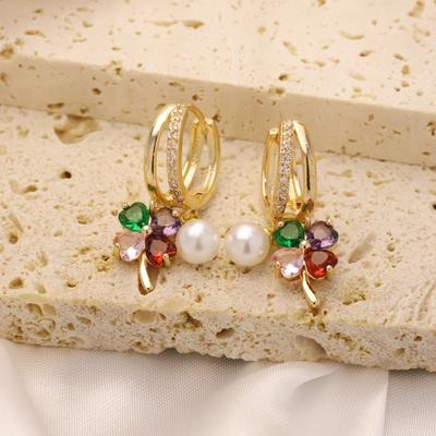 1 Pair Fashion Colorful Four-leaf Clover Zirconia with Imitation Pearls Dangle Earrings for Women Golden Earring Jewelry Wedding Party Accessories