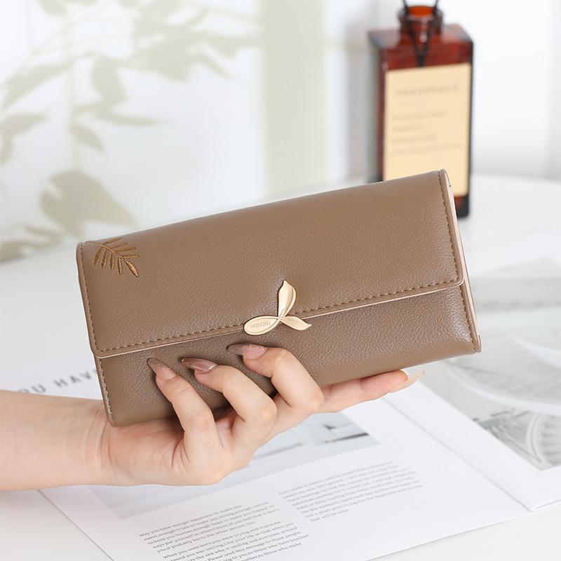 

Женский трехслойный кошелек с цветочной вышивкой, держателем для телефона и множеством отделений для карт кофейный