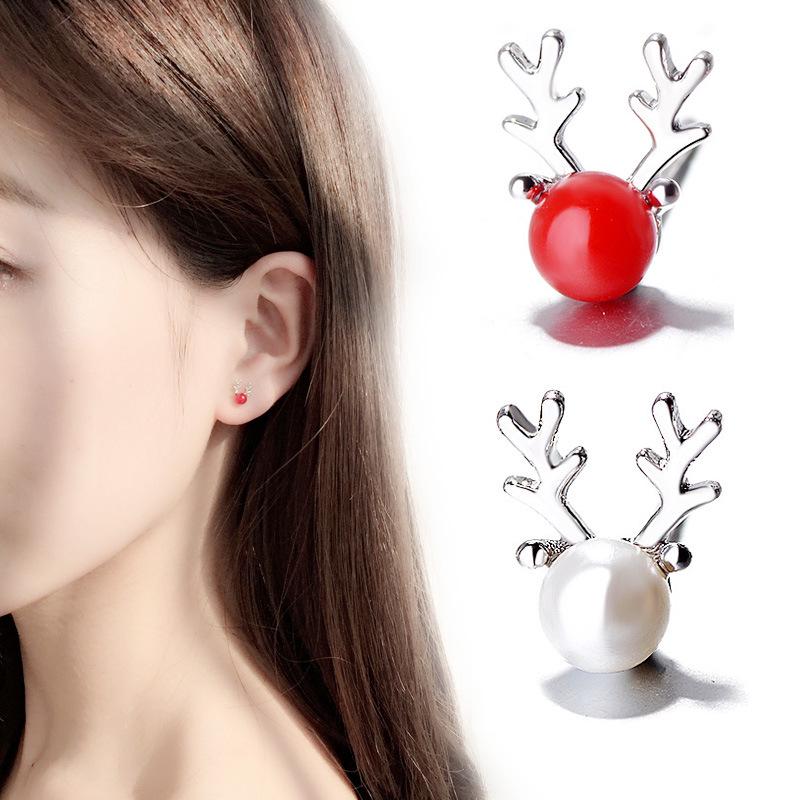 Korean Style Reindeer Antler Pearl Stud Earrings for Women - Simple Christmas Animal Jewelry