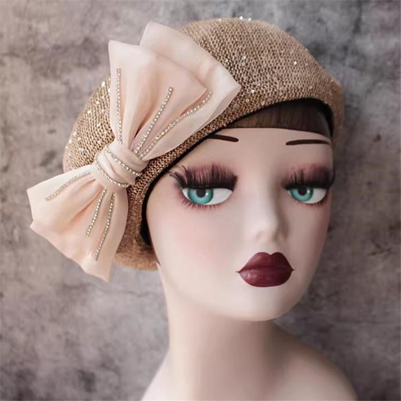 Ins шикарная летняя полиэстеровая дышащая атласная блестящая дрель с бантом, женский берет, женская шляпа художника для отдыха head size 57cm