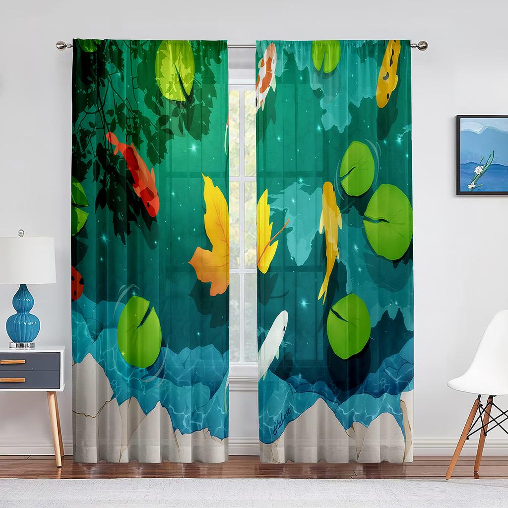 Goldfish Koi Fish Ink Painting Leaves Tulle Curtains for Living Room Bedroom Decor Chiffon Sheer Voile Kitchen Window Curtain