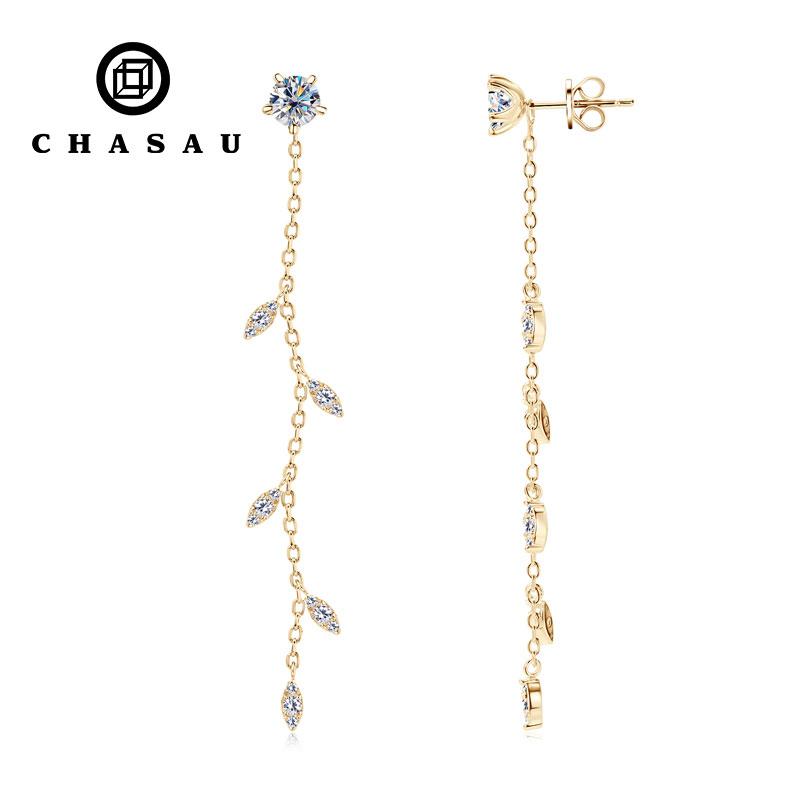 Wedding Jewelry Korean Real Moissanite Long Drop Stud Earrings Silver 925 Leaf-Shape Dangle Earrings Jewelry for Woman