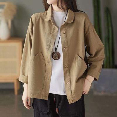 Women Cotton Jacket Autumn Short Casual Button Jacket Loose Simple Large Size Long Sleeve Tops