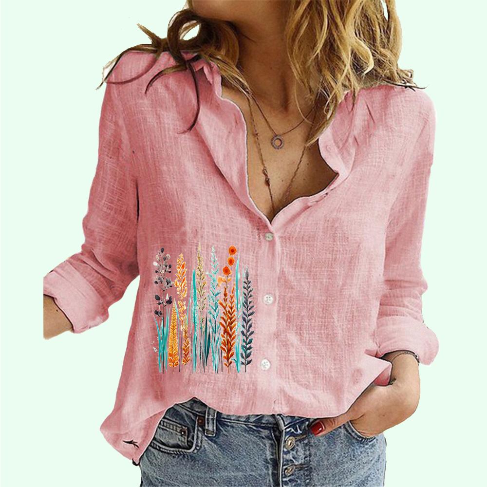 Women Fashion Cotton Linen Shirt Summer&fall Loose Long Sleeve Top Ladies Casual Flower Print Button-up Blouses
