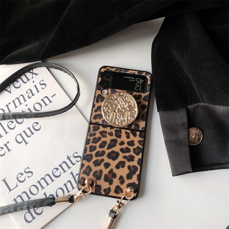 Fashion Sexy Leopard Print Leather Crossbody Strap Phone Case For Samsung Galaxy Z Flip 4 Z Flip 3 Flip 4 5g Gold Bracket Cover