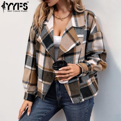 Women's Fashion Casual Fall Winter Plaid Print Long Sleeve POLO Neck Jackets & Coats