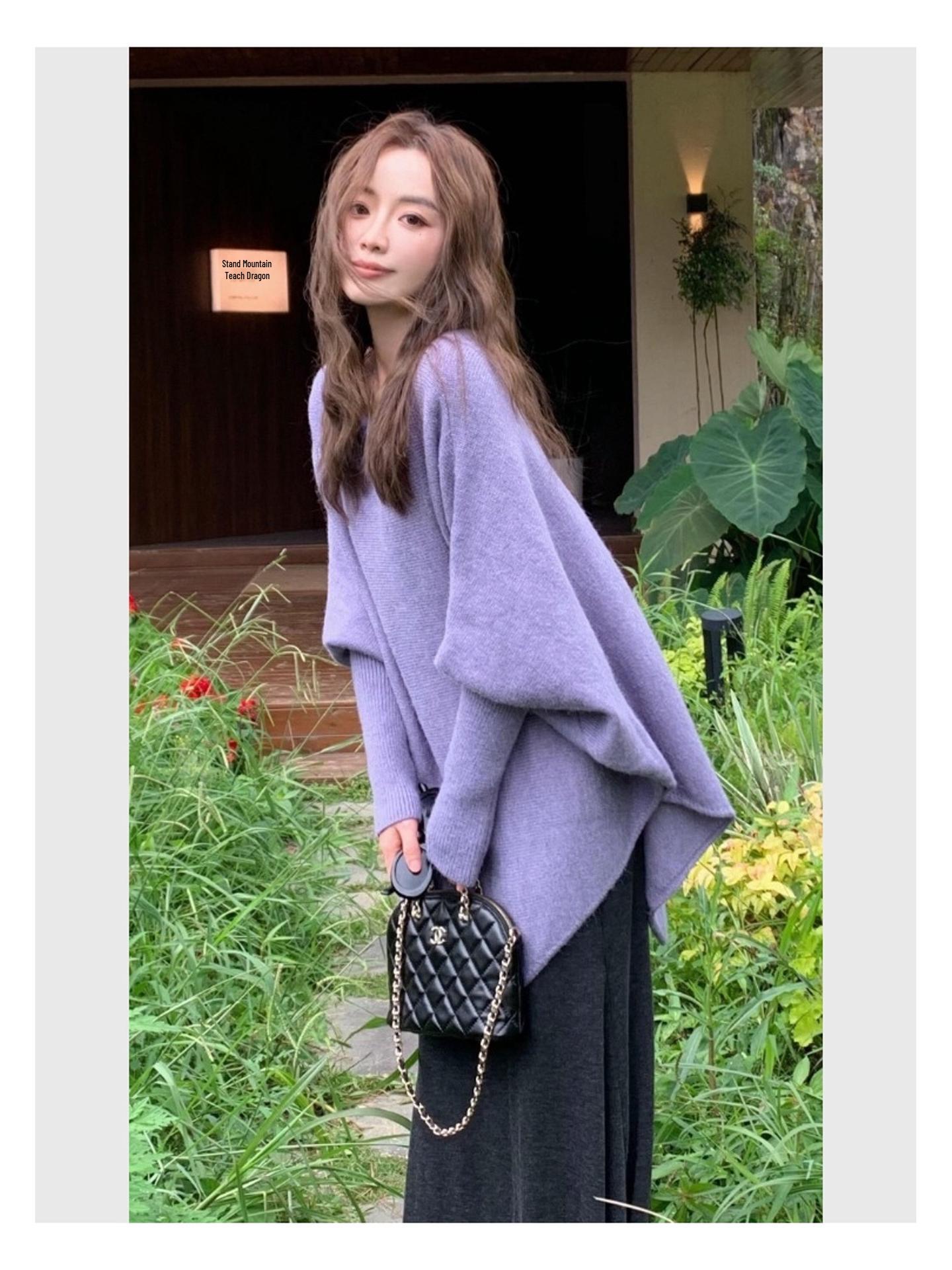 

Purple Off-the-Shoulder Batwing Cape Sweater for Women - Soft, Loose Knit Top (Autumn/Winter 2025) S фиолетовый