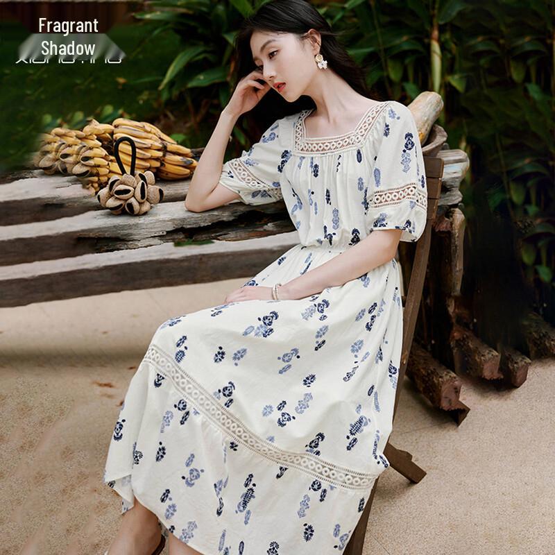 Xiangying Women s 2025 Summer Floral Puff Sleeve Midi Dress XL