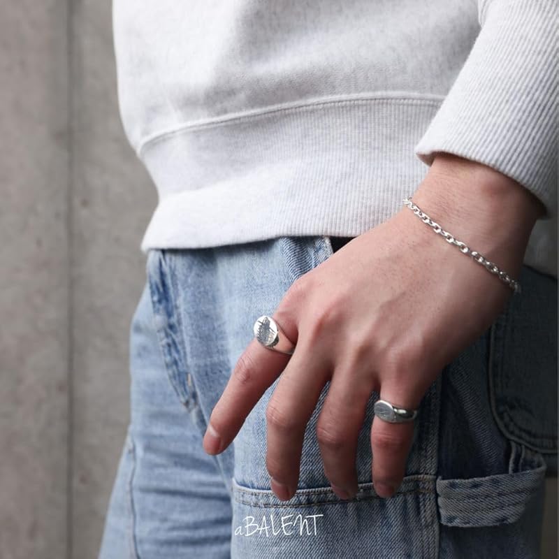 [aBALENT] silver 925 Seal stand ring men's signet oval silver ring ring simple little finger adult accessories (No. 16)