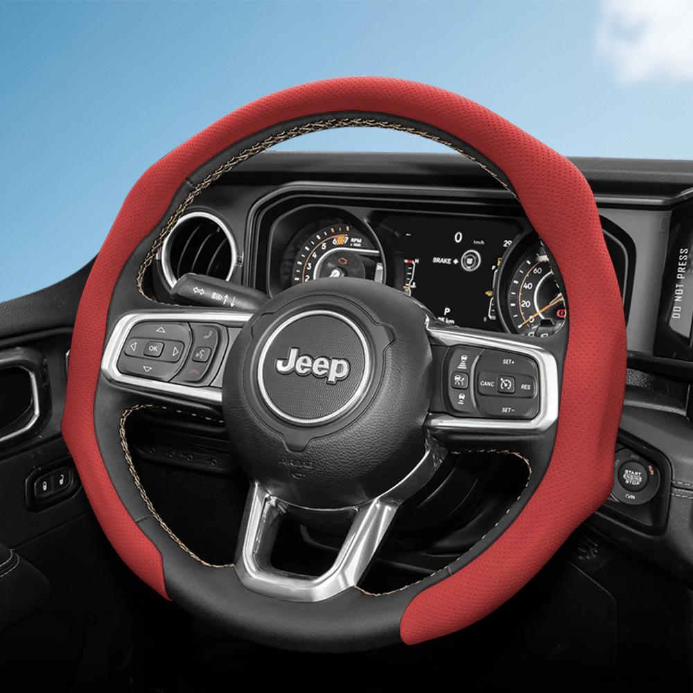 Suitable for Jeep Perforated Leather Steering Wheel Cover, Non-Slip, Sweat-Absorbent, Breathable, Integrated Snap-On Protective Case for Wrangler
