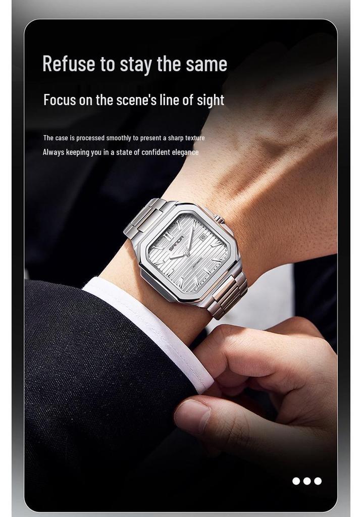Sanda Herren Quadratische Mechanische Uhr, Schlichtes Design, Kalender, Wasserdicht, Massives Stahlarmband, Business-Stil