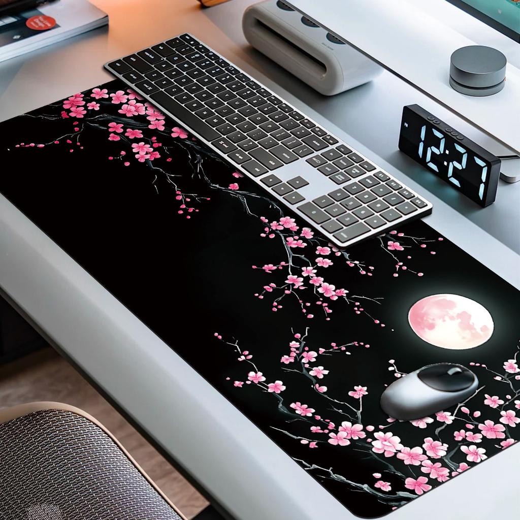 Extended Gaming Mouse Pad and Keyboard Mat with Moonlight Lovely Pink Plum Blossom Design
