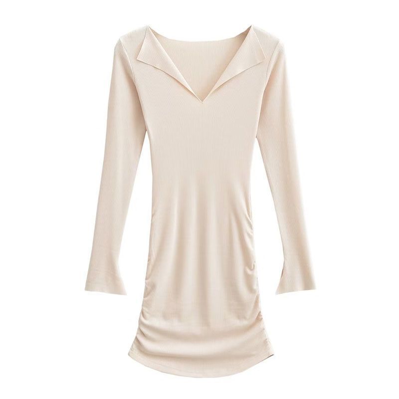 American-style Hot Girl V-neck Solid Color Long-sleeve Dress for Women, New Winter Slimming Pleated Hip-hugging Short Skirt