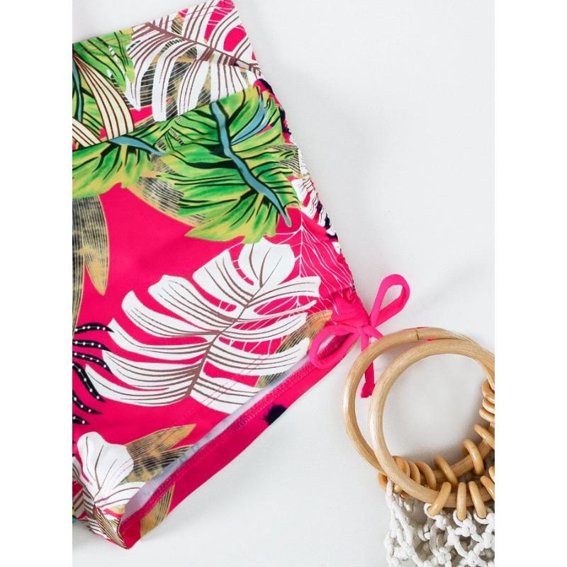Women's Neon Green Tropical Leaf Two Piece Swimsuit - High Waisted Drawstring Bikini Set