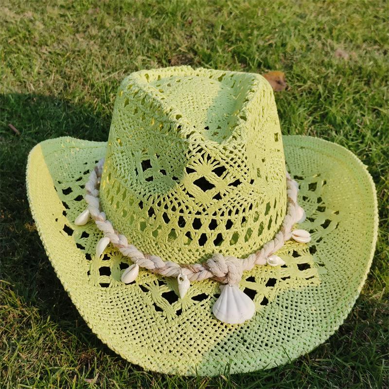 Cowboy Straw Hat for Women Fashion Seashell Straw Cowboy Hat Beach Summer Cowboy Sunshade Jazz Hat Sombrero Vaquero Hombre