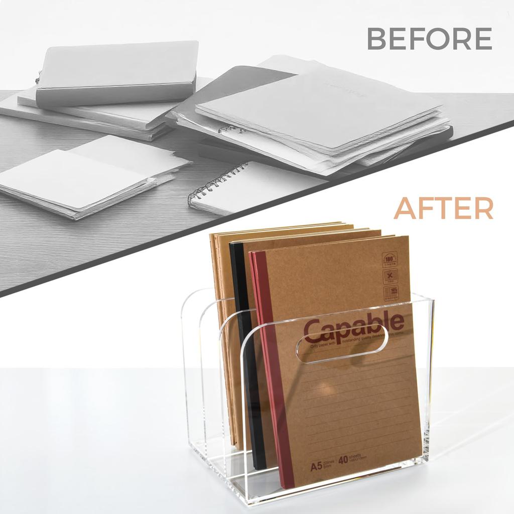 AIMOLLY Acrylic File Box, 3-Tier Book Stand, Vertical Compartment, Desk Shelf, Desktop Shelf, Desktop Document Storage, Office Supplies, Clear, Deskto