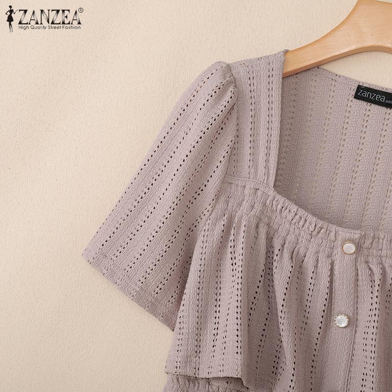 ZANZEA Women Square Collar Short Sleeve Layers Ruffled Hollow Casual Blouse