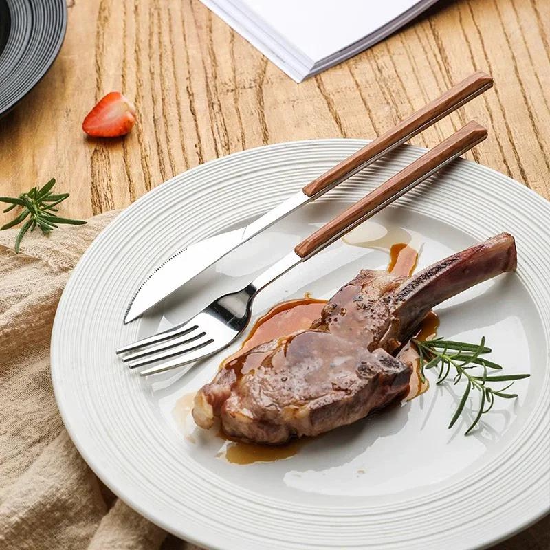 5PCS Stainless Steel Imitation Wooden Handle Cutlery Set Knife Fork Spoon Western Tableware Kitchen Flatware Set Dinnerware