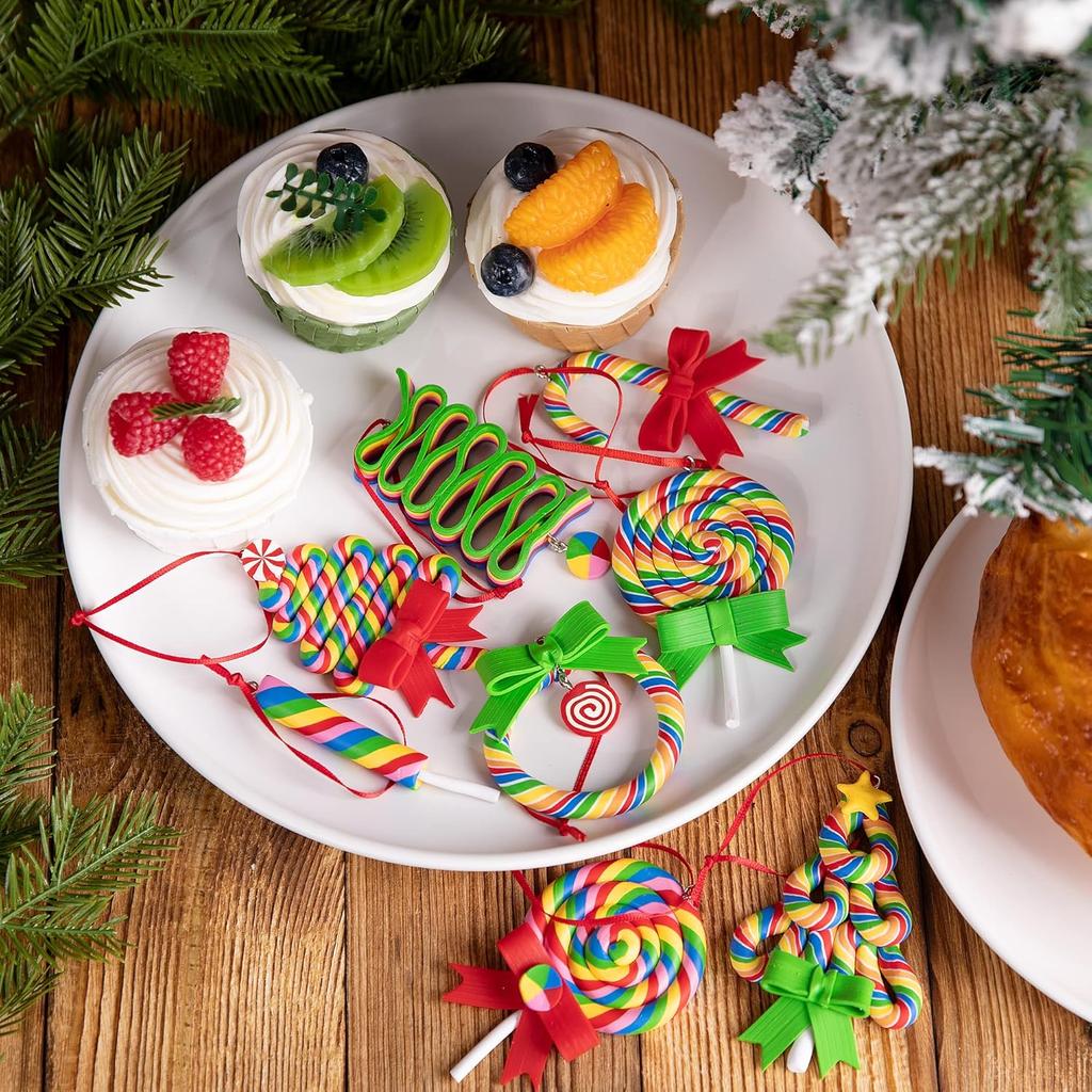 Christmas Lollipop Ornaments- Rainbow Lollipop Hanging Ornaments- Christmas Candies Polymer Clay Ornament for Xmas Tree Party
