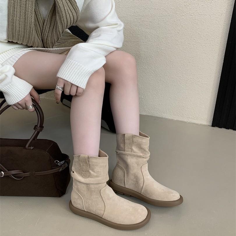 2025 autumn new retro versatile flat-bottomed western short boots lazy wind sleeve round head stacking boots