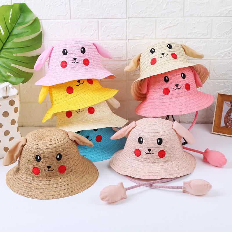 Children'S Straw Hat Summer Sun Protection Sun Hat Cute Pikachu Ears Can Move Rabbit Hat Outdoor Tourist Attractions