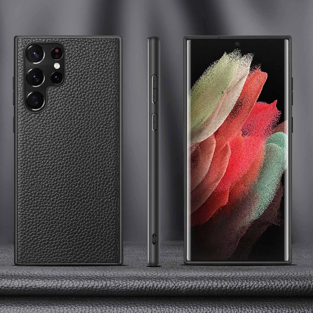 Lychee Pattern Genuine Cowhide Leather Case For Samsung Galaxy S25 Ultra S26 S24 Plus S23 S22 S21 Note 20 Ultra Protective Cover