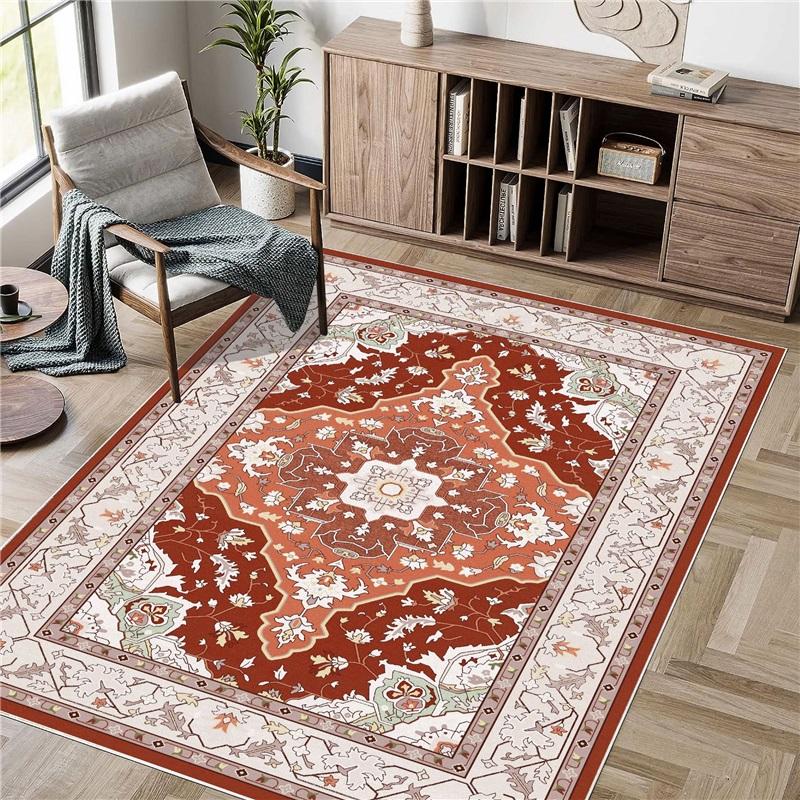 Bohemian Vintage Area Rug Washable Soft Ethnic Style Floor Carpet Non‑Slip Decor Rug for Living Room Bedroom Kitchen Home