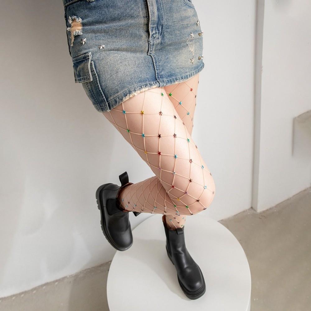 Large Mesh Rhinestone Star Pantyhose Y2K See-through Tights Colorful Fishnet Stockings  Dance