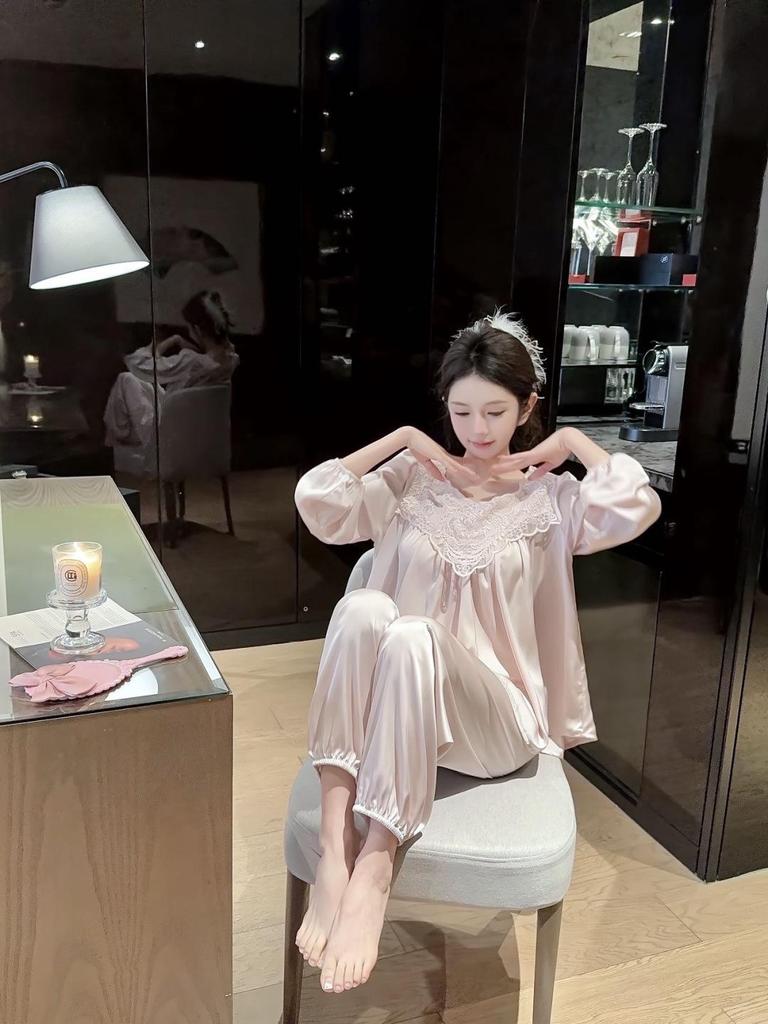 Spring Sweet Princess Lace Ice Silk Pajamas: Women's Loose Korean Court Style, Long Sleeve Pullover Top and Pants Set