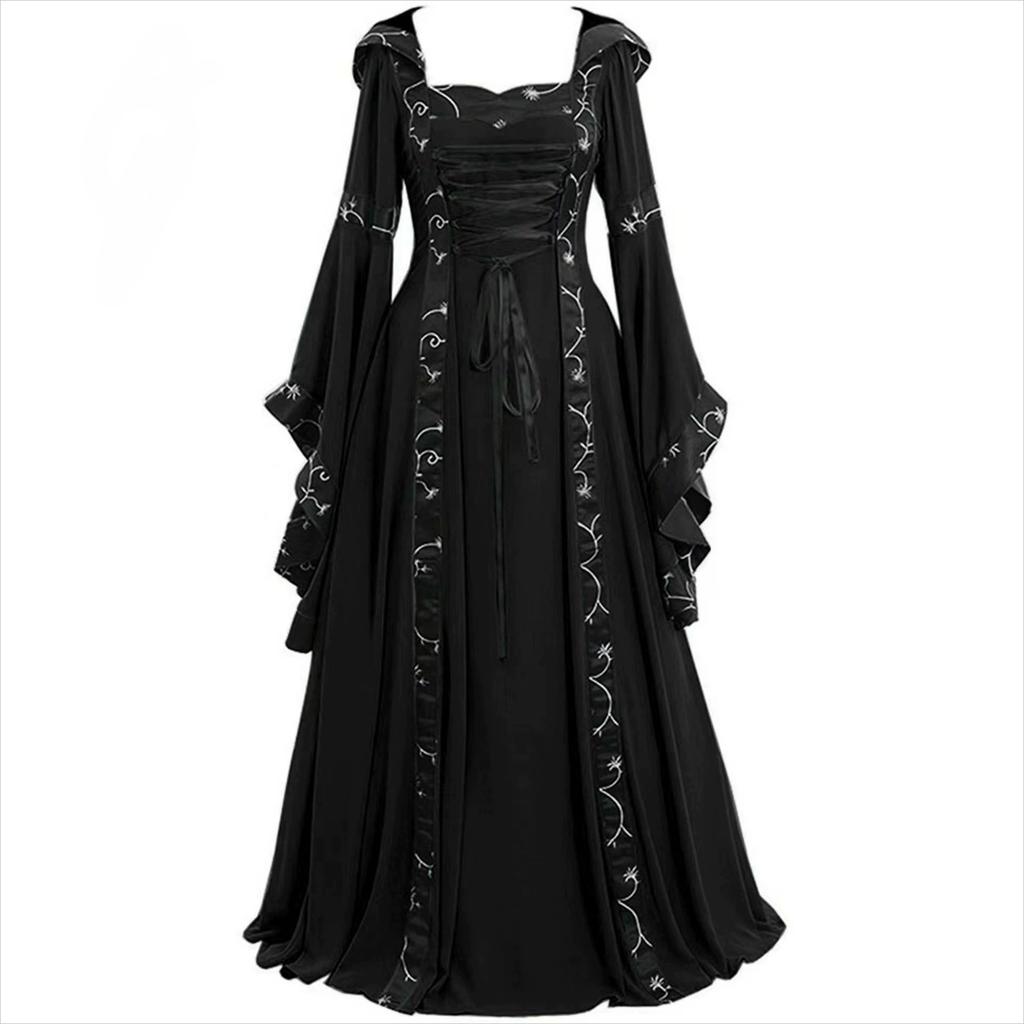 Medieval Retro Hooded Dress, Square Collar, Lace-up, Flared Sleeves, Big Skirt
