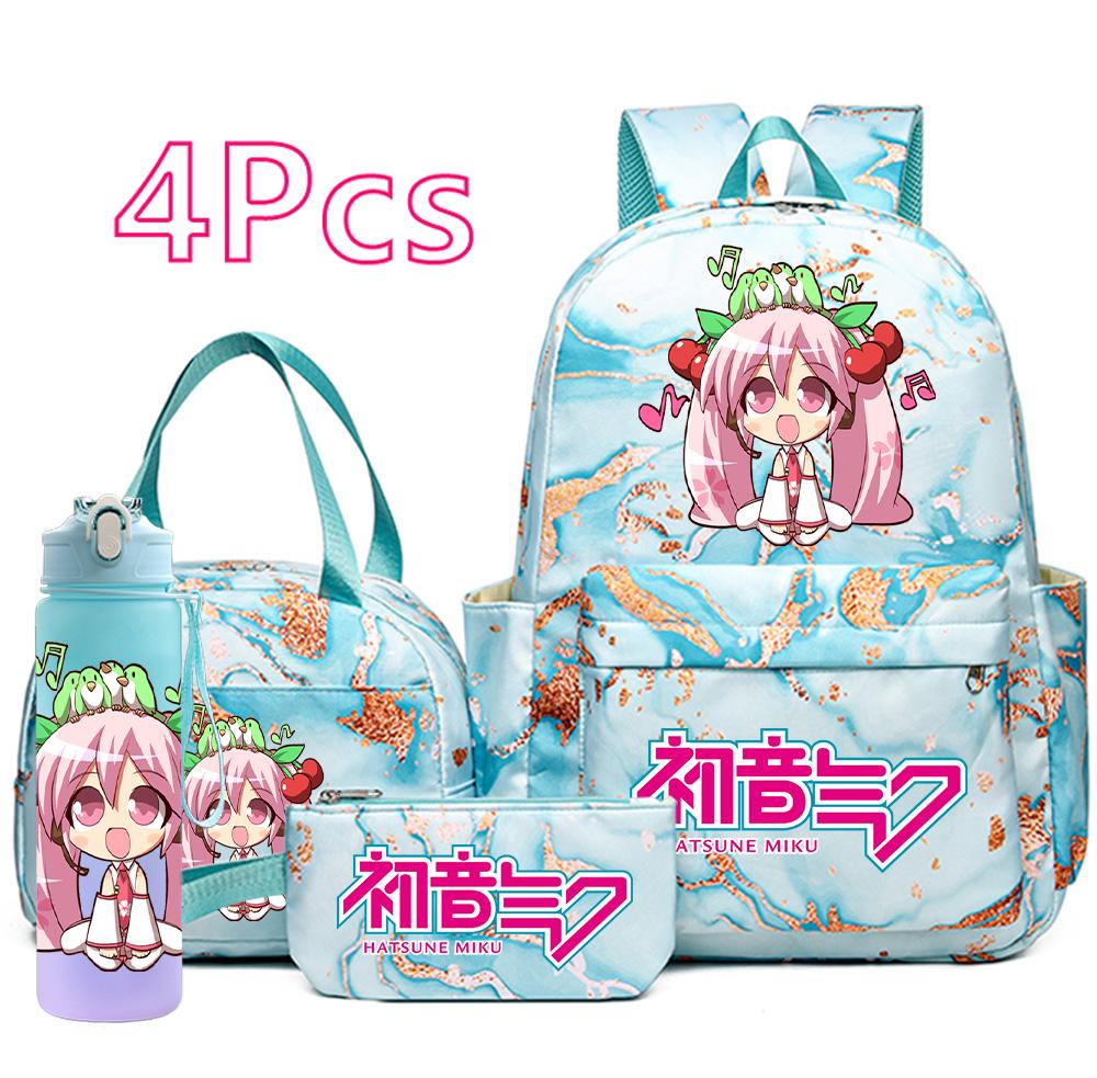 4Pcs/set Cartoon Hatsune Miku Printed Backpack Handbag Pencil Case with 750Ml Water Bottler for Teenager Boy Girl Large Capacity Waterproof Schoolbag