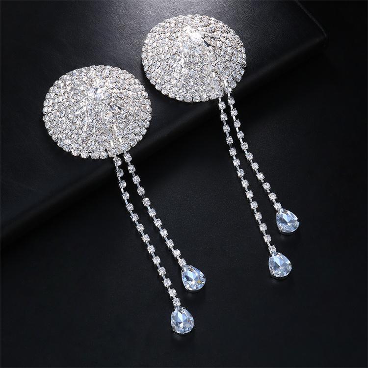 Full Diamond Nipple Pasties Crystal Rhinestone Nipple Cover Ladies Sexy Adhesive Round Shape Nipple Cover with Long Chain Tassel