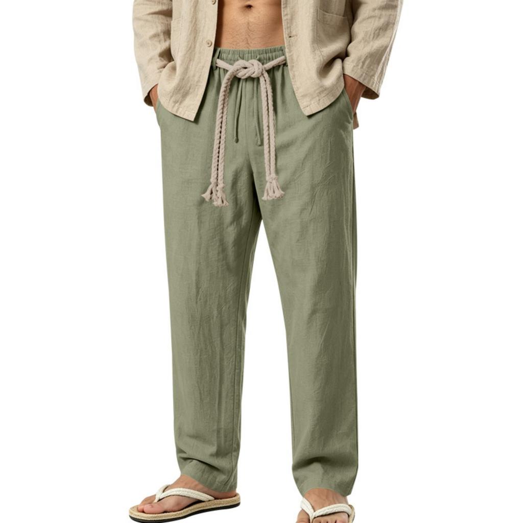 Men's Linen Drawstring Pants Lightweight Breathable Straight Leg Trousers Casual Summer Vacation Commuting Pants