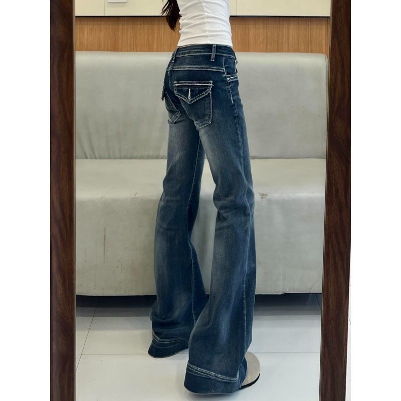 American Retro Bell Bottom Jeans Women's Low Waist Elastic Slim Fit Trendy Long Pants Casual Street Style Wide Leg Jeans
