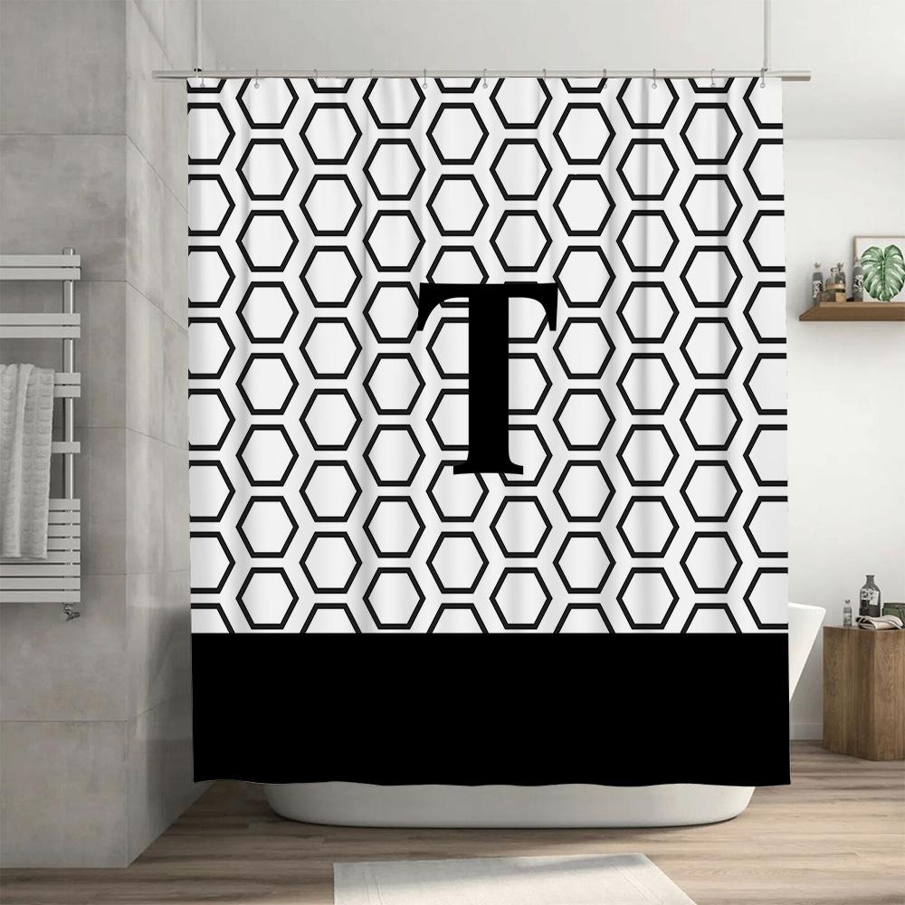 Hexagon Print Bath Shower Curtain Set For Bathroom Decor Black White Pattern With Monogram Initials T Size: 72X84Inches