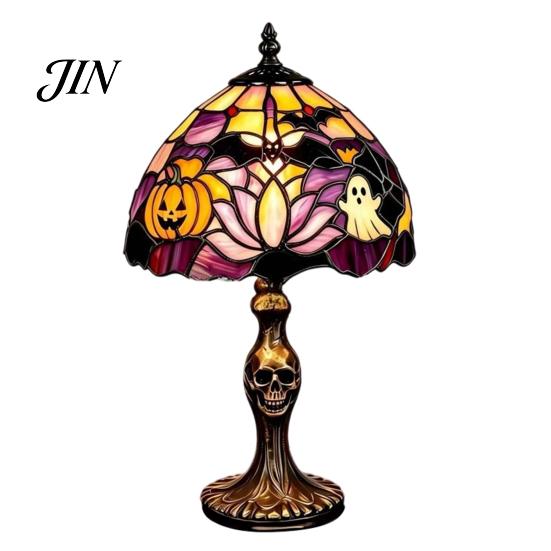 Gothic Night Lamp Halloween Pumpkin Ghost Table Light, USB Stained Glass Art Lightweight Light Lamp, Vintage Decorative Desk for Holiday Party Home