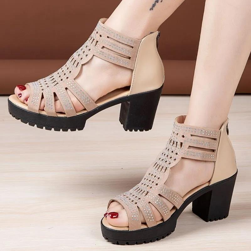 Black High Heeled Sandals Women's Peep Toe Rhinestone Design Retro Roman Style Thick Sole Waterproof Platform Summer