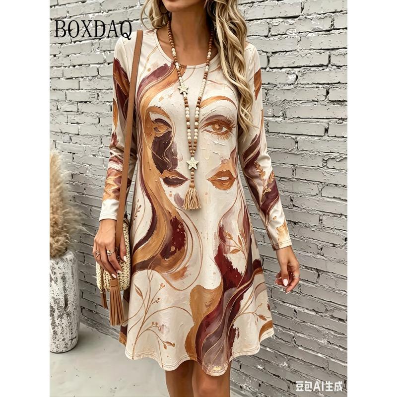 Dress Women's 2026 Autumn Fashion Streetwear Clothing Abstract Painting Face Print Dresses Loose Casual Long Sleeve A-Line Dress