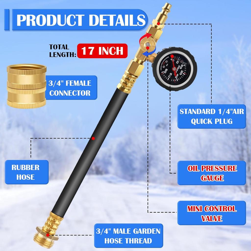 Boltigen Upgraded RV Winterizing Kit, 17'' RV Winterizing Hose With Oil Pressure Gauge & Control Valve, Air Compressor Sprinkler Blowout Adapter Kit,