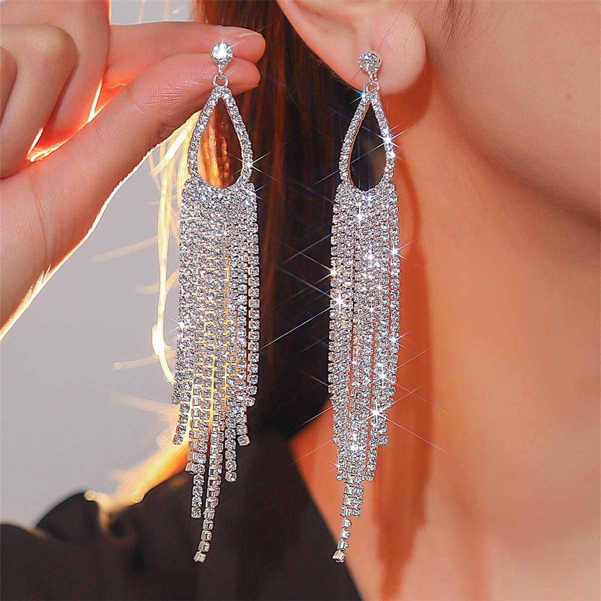 

Premium full diamond long fringed earrings