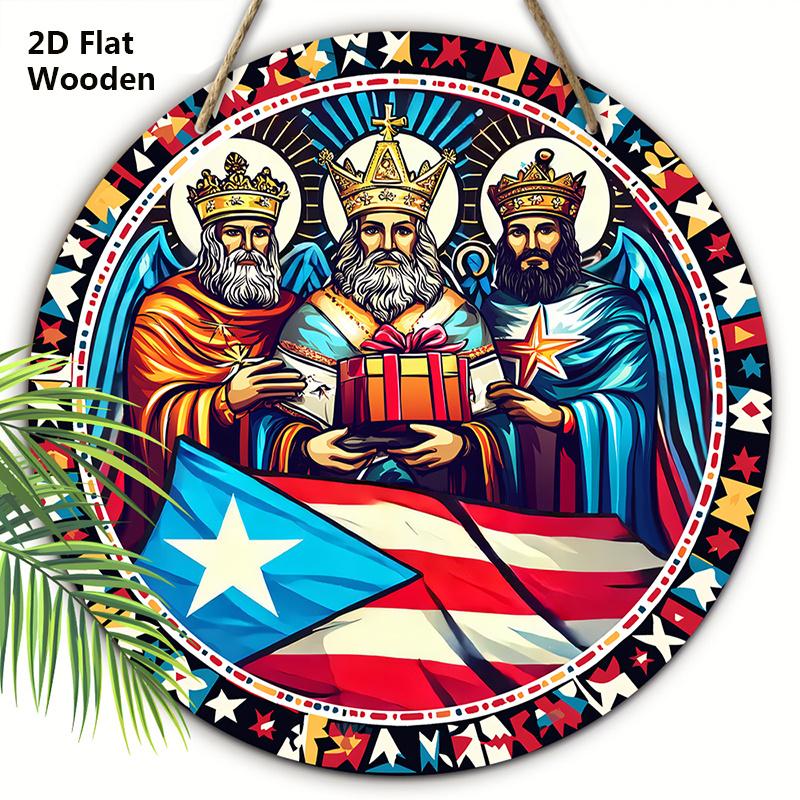 

Three Kings Pilgrimage Wooden Sign - Puerto Rico Flag Epiphany Round Ornament for Front Door, Wall, Porch Hanging Decor - Ideal Epiphany Decoration 20cm/7.87in синий