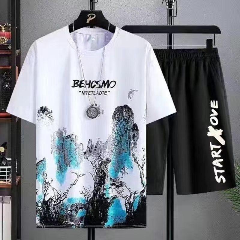 Men's Sets Waffle Summer Casual T Shirt + Shorts Suit Basketball Tracksuit Letter Print Solid Color Tracksuit Loose Suit