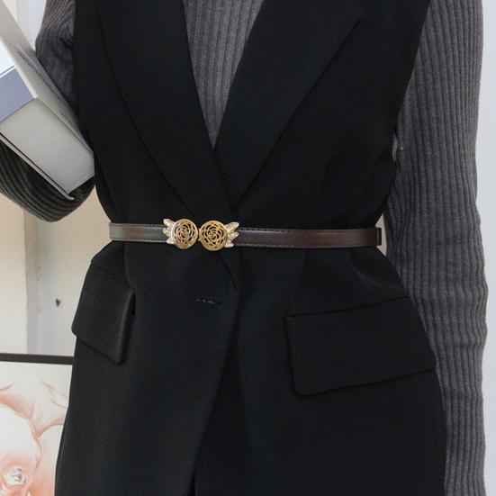 Women Belt Adjustable Imitation Leather Rose Pattern Buckle Waistband Dress Shirt Sweater Coat Accessory