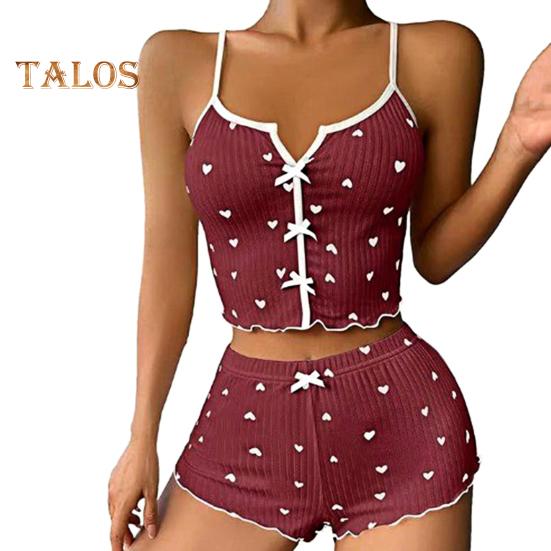 

2 шт./комплект, женская летняя пижама, костюм с принтом бабочки и сердца, без рукавов, с открытой спиной, топ с высокой талией, мини-шорты, повседневная ночная рубашка, облегающая одежда для сна L вино красного