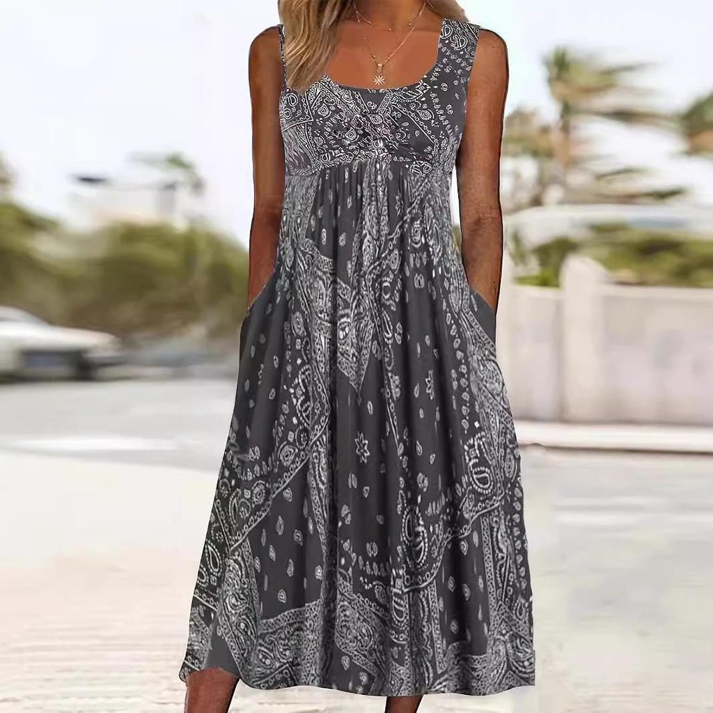 Retro Print Sleeveless Summer Dress with Pockets - Loose Fit Holiday Style