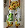 Women's Plus Size Sunflower and Frog Print Wide Leg Pants