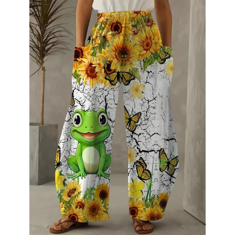 Women's Plus Size Sunflower and Frog Print Wide Leg Pants